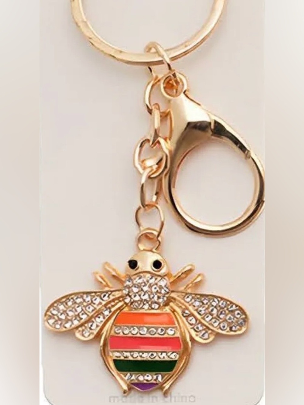 Mint Gold Bee Keychain Charm with Pink, Orange, Green, Purple Stripes NWT